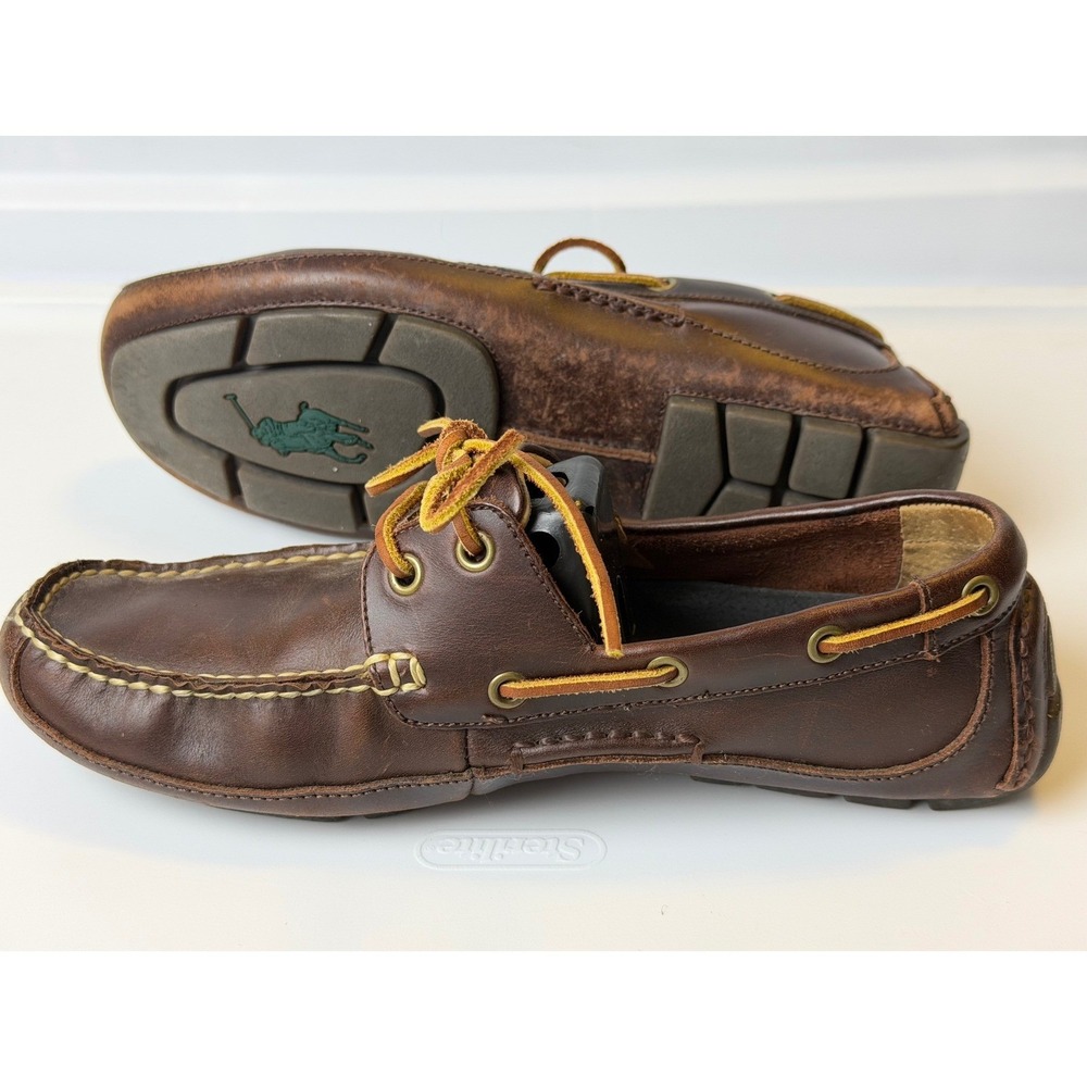 Polo Ralph Lauren Mens Brown Leather Loafers Boat Shoes Sz 8 slip-Ons Moccasin